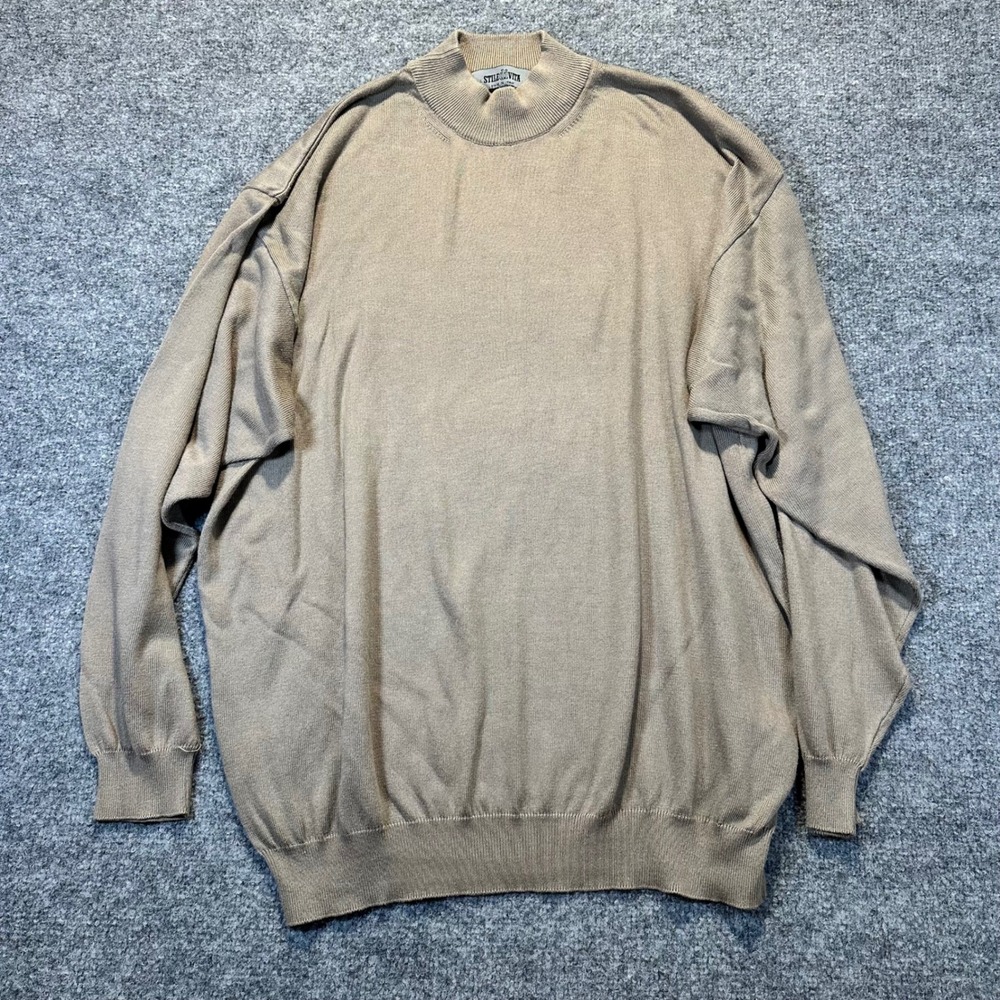 Stile di Vita Mock Neck Sweater Mens Large Tan Italian Knit Minimalist Casual